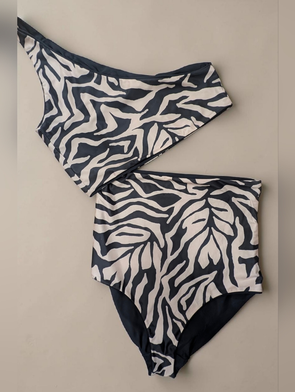 BAIIA Reversible One Shoulder Bikini Set Black Champagne High Waisted Two Piece